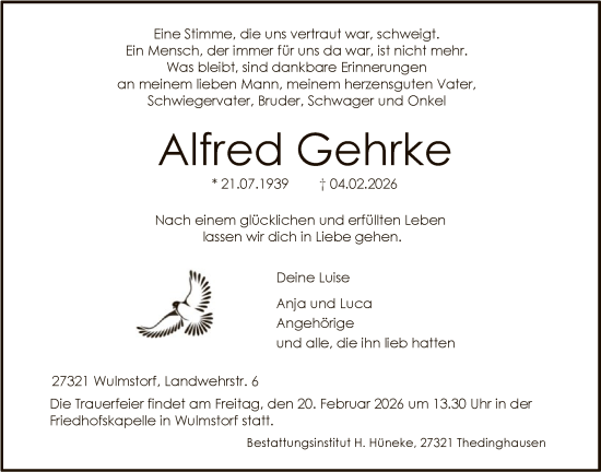 Traueranzeige von Alfred Gehrke von SYKSSYKS