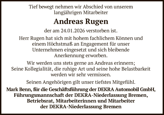 Traueranzeige von Andreas Rugen von SYKS