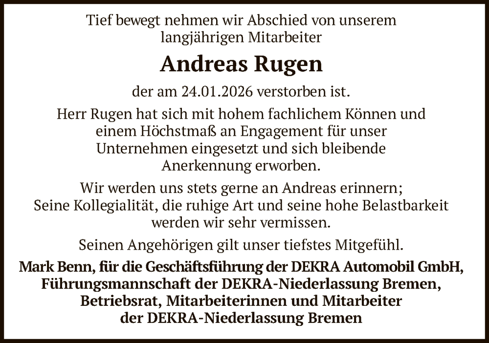  Traueranzeige für Andreas Rugen vom 07.02.2026 aus SYKS