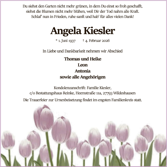 Traueranzeige von Angela Kiesler von SYWZ