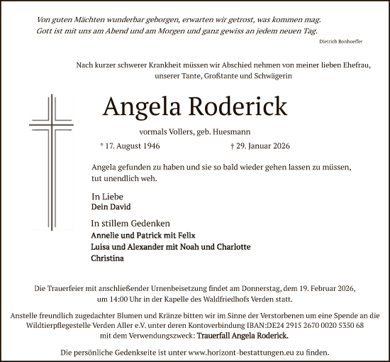 Traueranzeige von Angela Roderick von SYKS