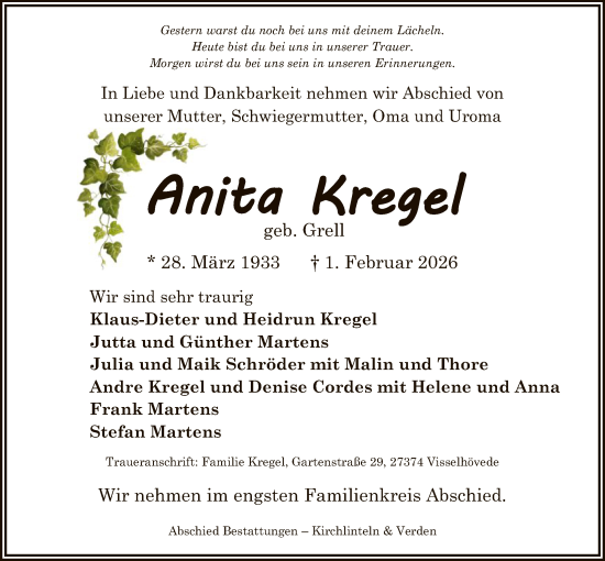 Traueranzeige von Anita Kregel von SYKR