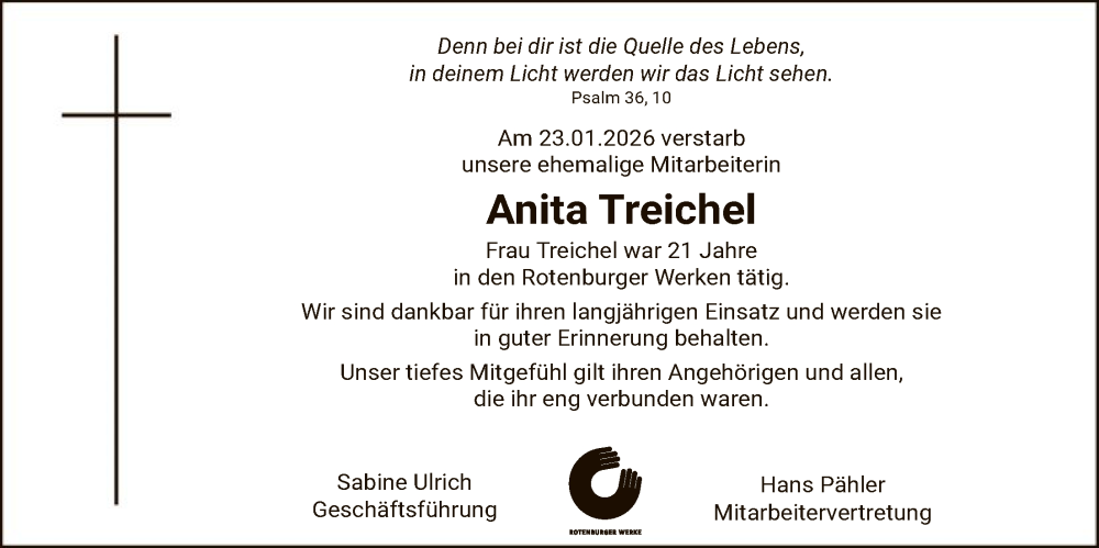  Traueranzeige für Anita Treichel vom 07.02.2026 aus SYKR