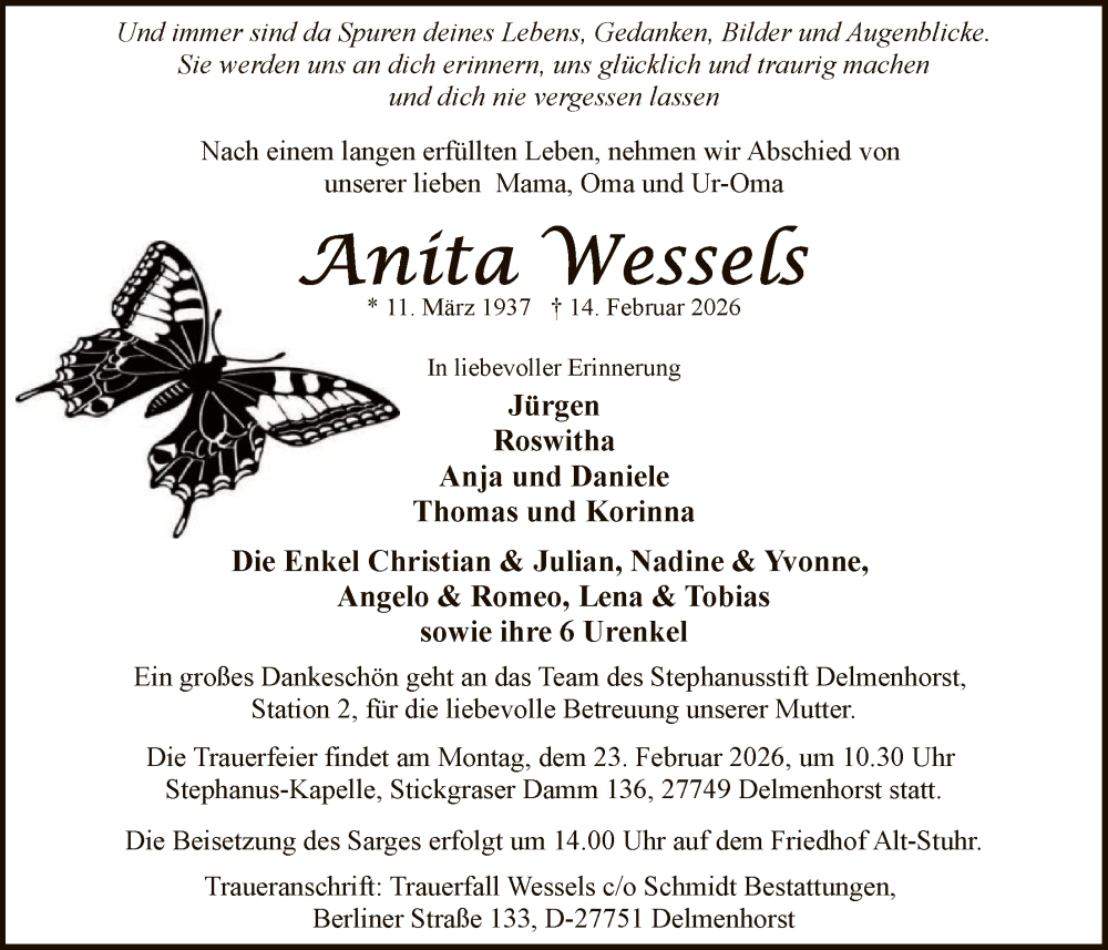  Traueranzeige für Anita Wessels vom 18.02.2026 aus SYKS