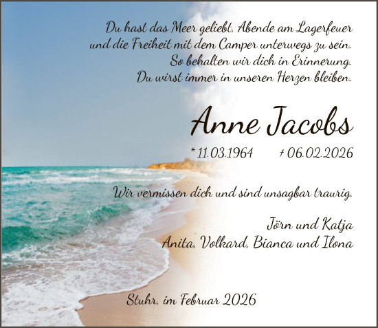 Traueranzeige von Anne Jacobs von SYKS