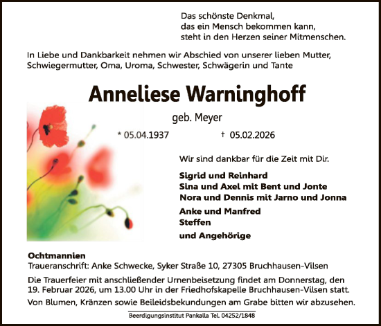 Traueranzeige von Anneliese Warninghoff von SYKS