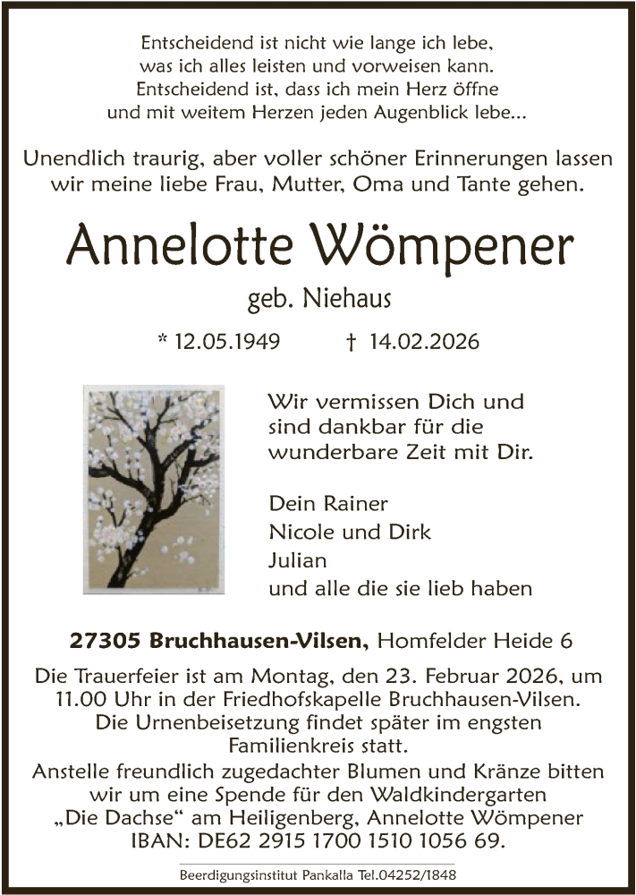  Traueranzeige für Annelotte Wömpener vom 18.02.2026 aus SYKS