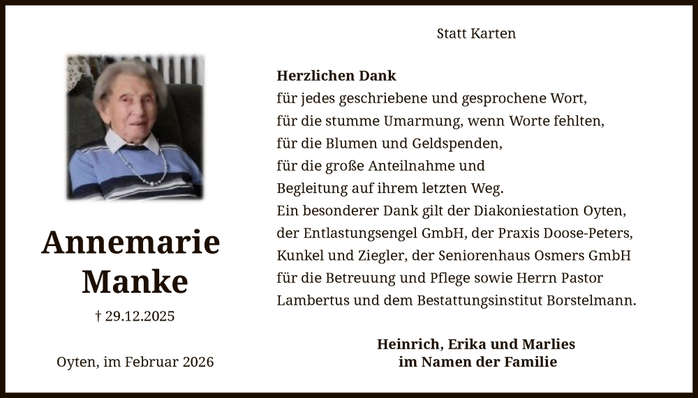  Traueranzeige für Annemarie Manke vom 14.02.2026 aus SYKS