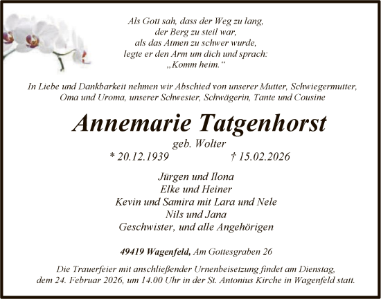 Traueranzeige von Annemarie Tatgenhorst von SYKS