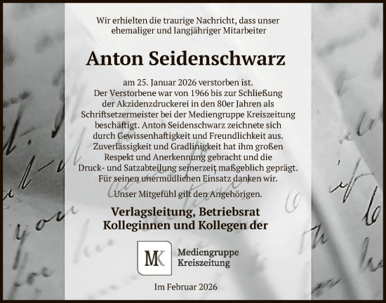 Traueranzeige von Anton Seidenschwarz von SYKS