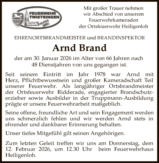 Traueranzeige von Arnd Brand von SYKS