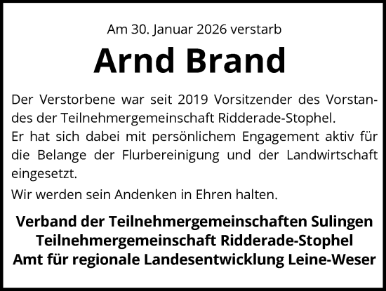 Traueranzeige von Arnd Brand von SYKS