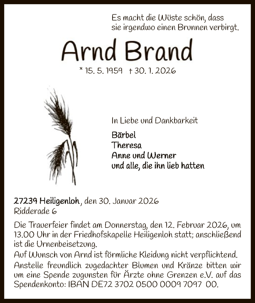  Traueranzeige für Arnd Brand vom 07.02.2026 aus SYKS