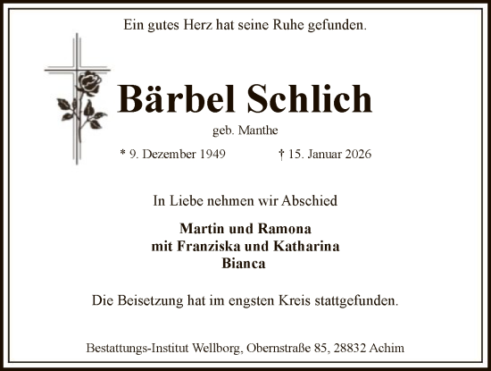 Traueranzeige von Bärbel Schlich von SYKS