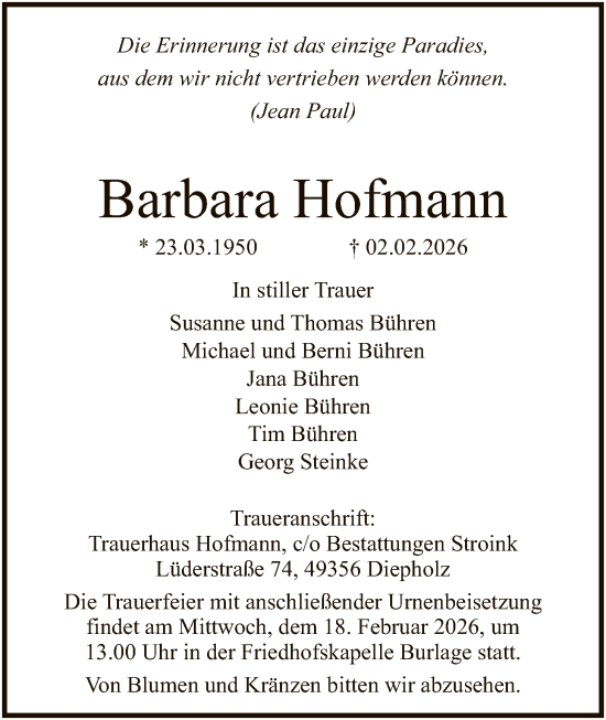 Traueranzeige von Barbara Hofmann von SYKS
