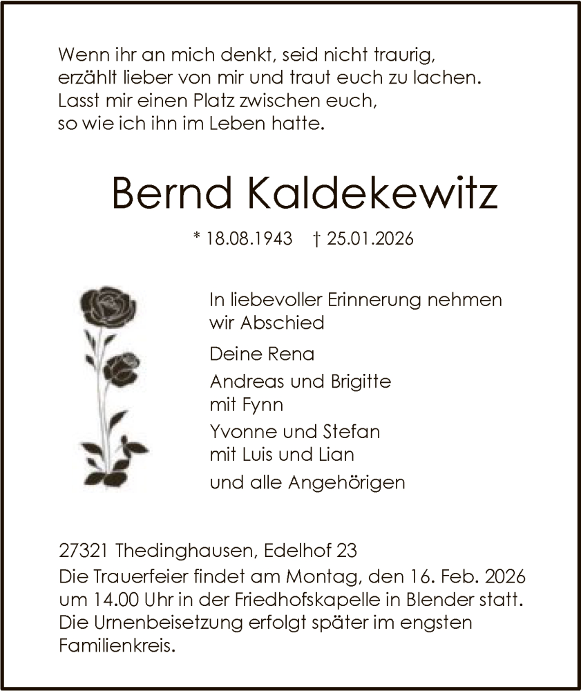  Traueranzeige für Bernd Kaldekewitz vom 07.02.2026 aus SYKS