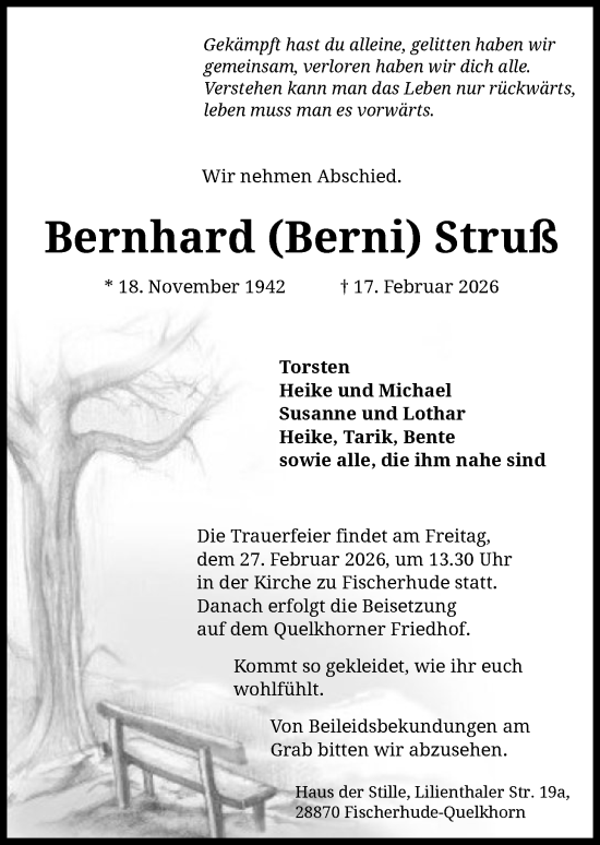 Traueranzeige von Bernhard Struß von SYKS