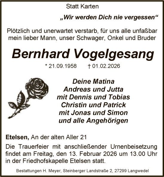 Traueranzeige von Bernhard Vogelgesang von SYKS