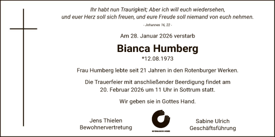 Traueranzeige von Bianca Humberg von SYKR
