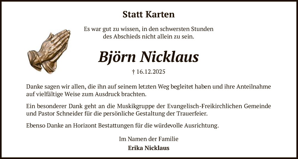  Traueranzeige für Björn Nicklaus vom 07.02.2026 aus SYKS