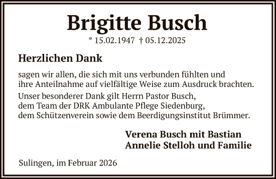 Traueranzeige von Brigitte Busch von SYKS