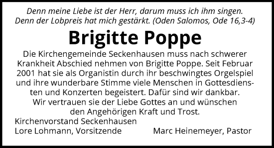 Traueranzeige von Brigitte Poppe von SYKS
