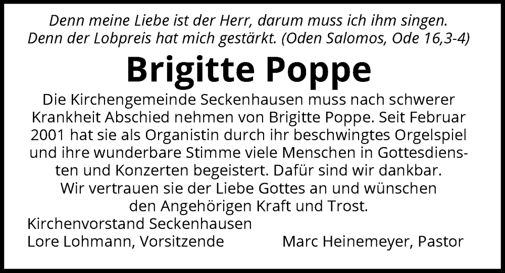  Traueranzeige für Brigitte Poppe vom 17.02.2026 aus SYKS