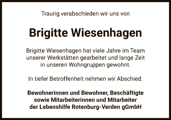 Traueranzeige von Brigitte Wiesenhagen von SYKR