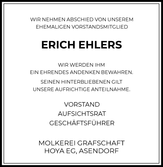 Traueranzeige von Erich Ehlers von SYKS
