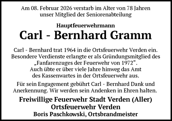 Traueranzeige von Carl-Bernhard Gramm von SYKS