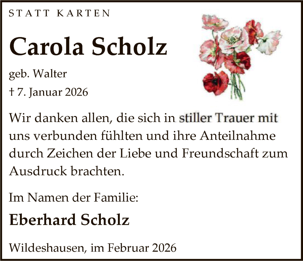  Traueranzeige für Carola Scholz vom 21.02.2026 aus SYWZ