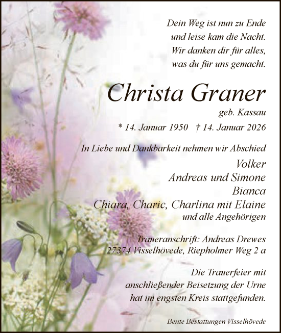 Traueranzeige von Christa Graner von SYKR