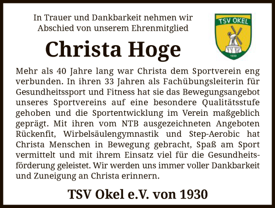 Traueranzeige von Christa Hoge von SYKS