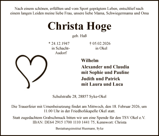 Traueranzeige von Christa Hoge von SYKS