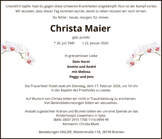 Traueranzeige von Christa Maier von SYKS