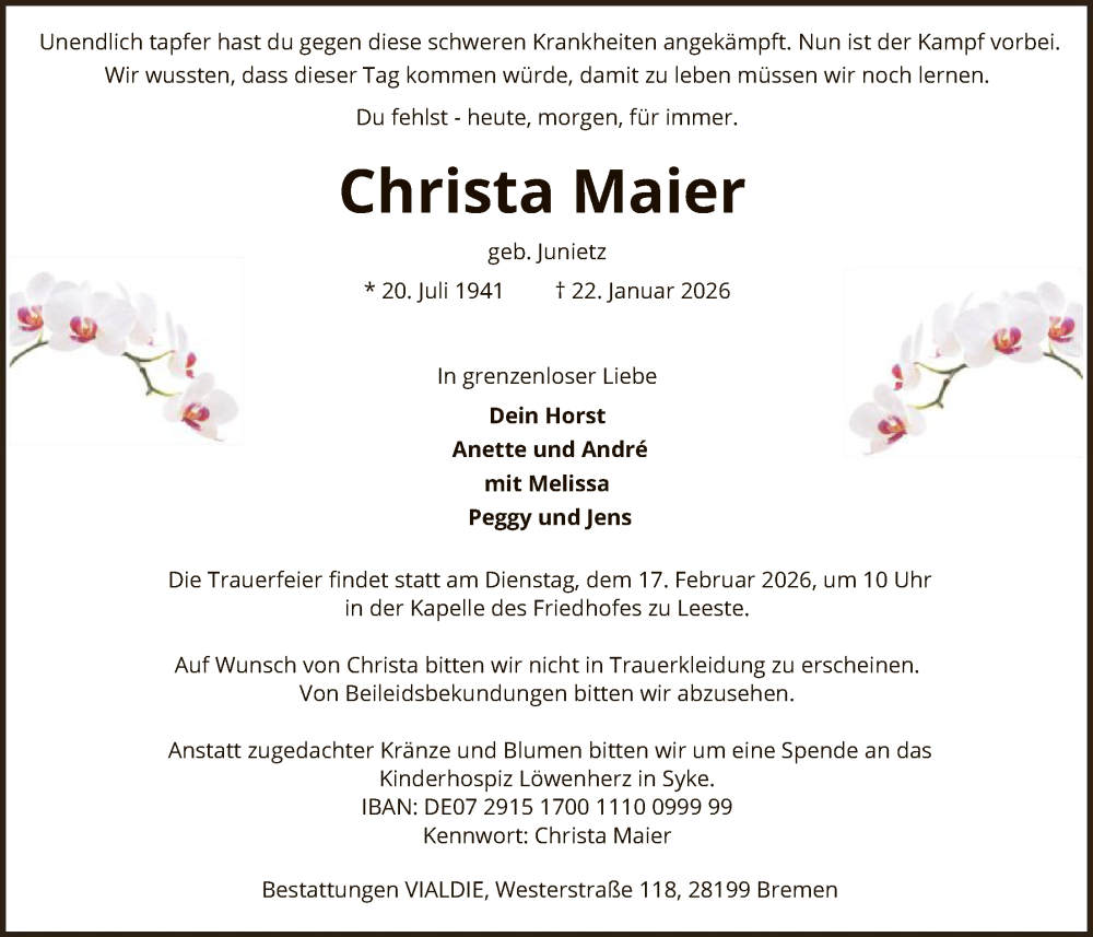  Traueranzeige für Christa Maier vom 07.02.2026 aus SYKS