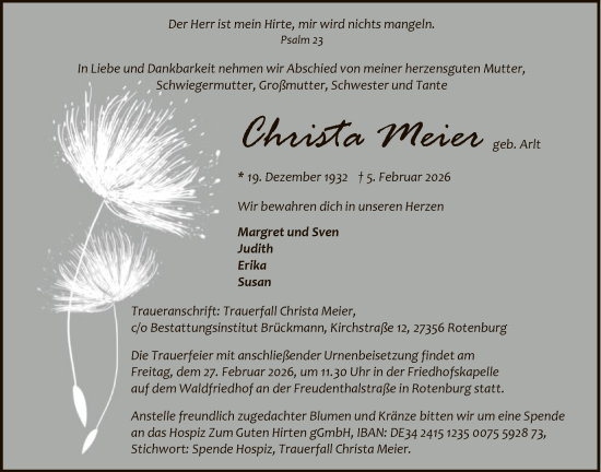 Traueranzeige von Christa Meier von SYKR