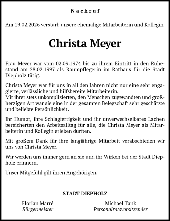Traueranzeige von Christa Meyer von SYKS