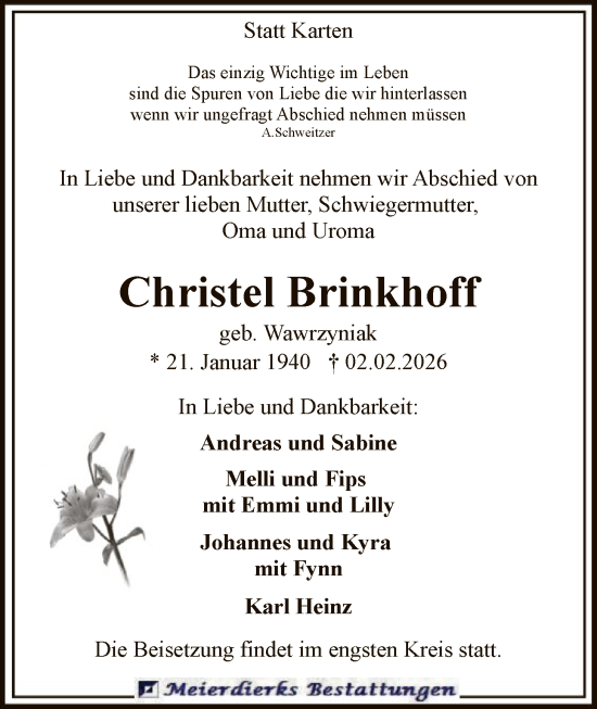 Traueranzeige von Christel Brinkhoff von SYKR