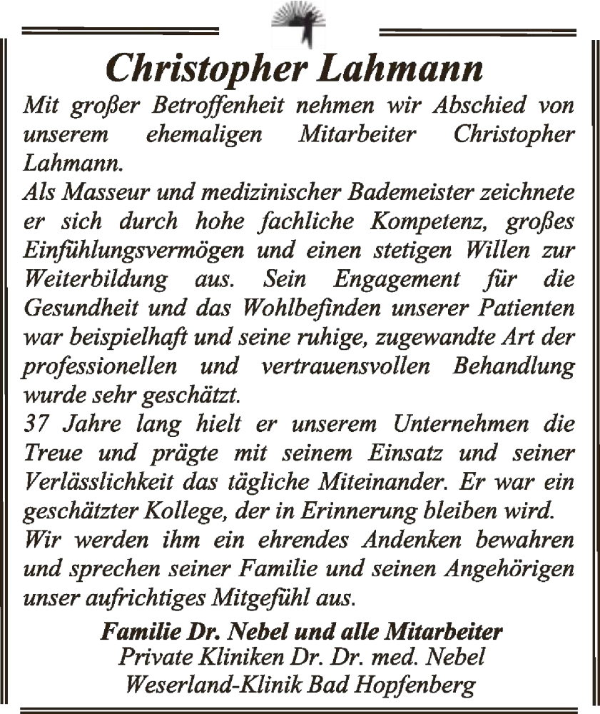  Traueranzeige für Christopher Lahmann vom 07.02.2026 aus SYKS