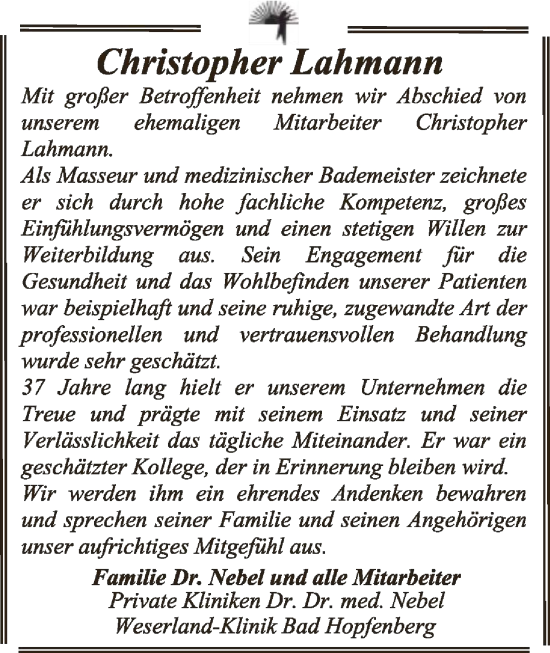 Traueranzeige von Christopher Lahmann von SYKS