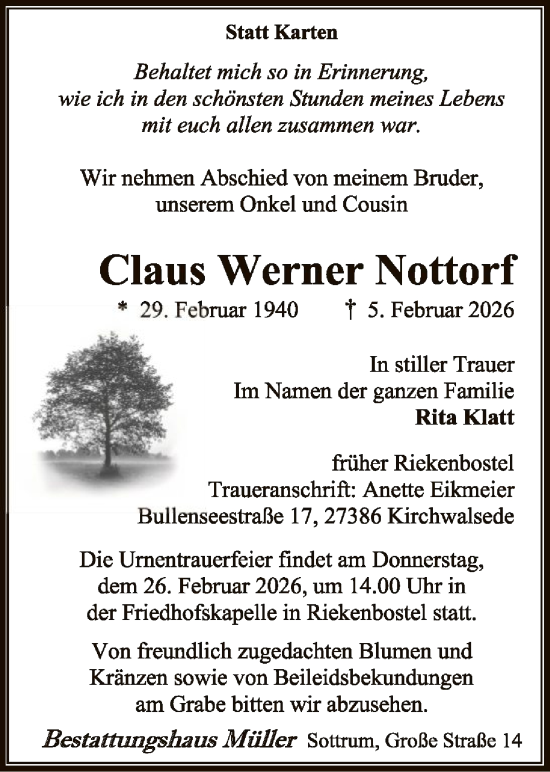 Traueranzeige von Claus Werner Nottorf von SYKR