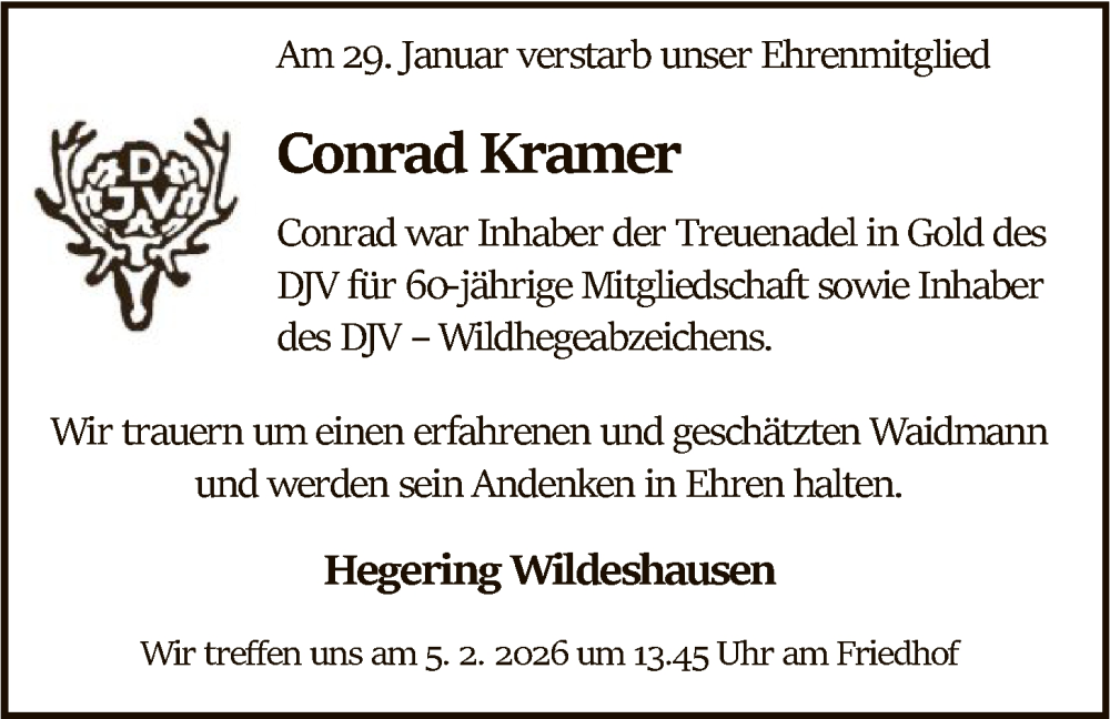  Traueranzeige für Conrad Kramer vom 03.02.2026 aus SYWZ