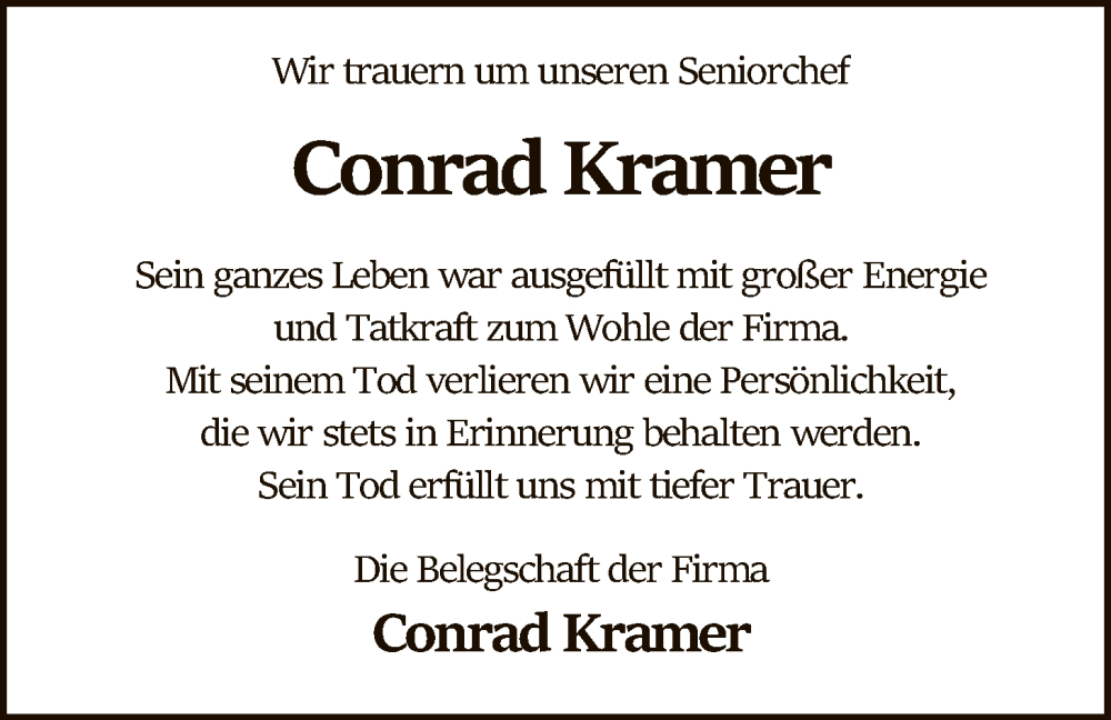 Traueranzeige für Conrad Kramer vom 03.02.2026 aus SYWZ