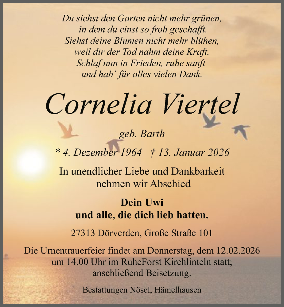  Traueranzeige für Cornelia Viertel vom 07.02.2026 aus SYKS
