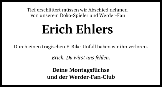 Traueranzeige von Erich Ehlers von SYKS