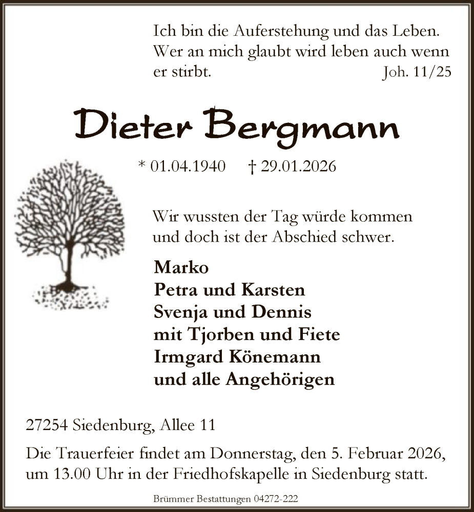  Traueranzeige für Dieter Bergmann vom 03.02.2026 aus SYKS