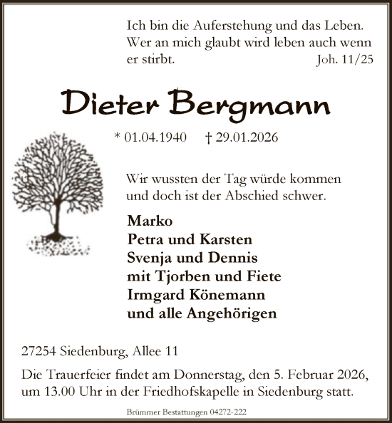 Traueranzeige von Dieter Bergmann von SYKS