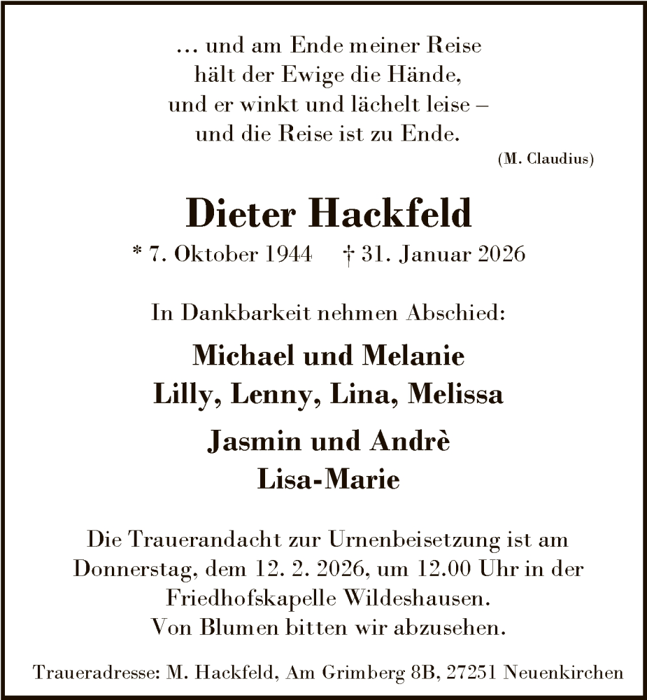  Traueranzeige für Dieter Hackfeld vom 07.02.2026 aus SYWZ