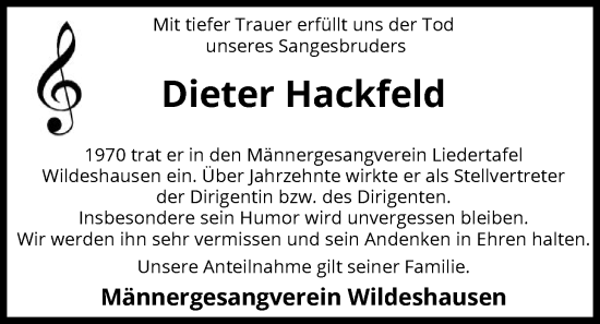 Traueranzeige von Dieter Hackfeld von SYWZ